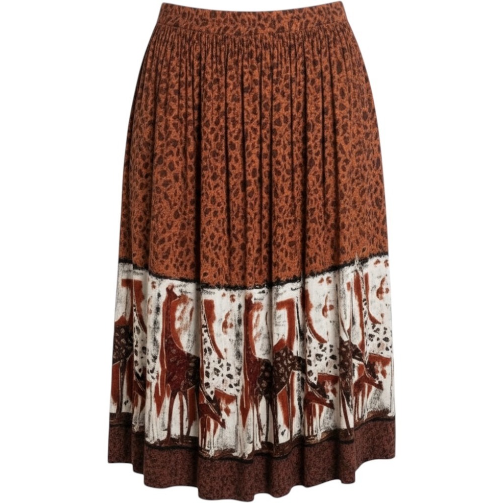 Stonebridge Giraffe Leopard Print Skirt PS Brown Rayon Midi Safari 10-131-DA